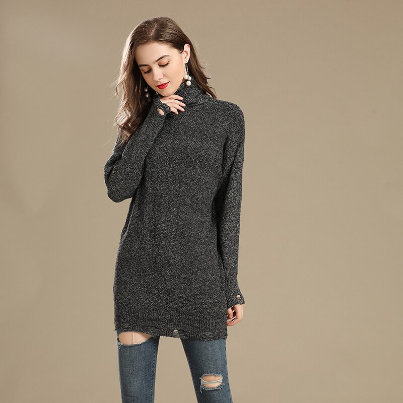 Women's turtleneck sweater oversized winter clothes Long sleeve Silver flash tattered decoration women pullover