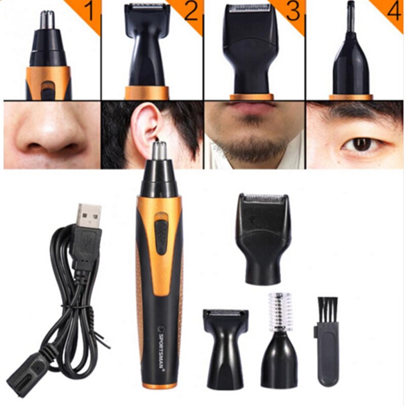 SPORTSMAN 4in1 USB Rechargeable waterproof Nose Sideburn Eyebrow Beard Ear Hair Trimmer: Default Title