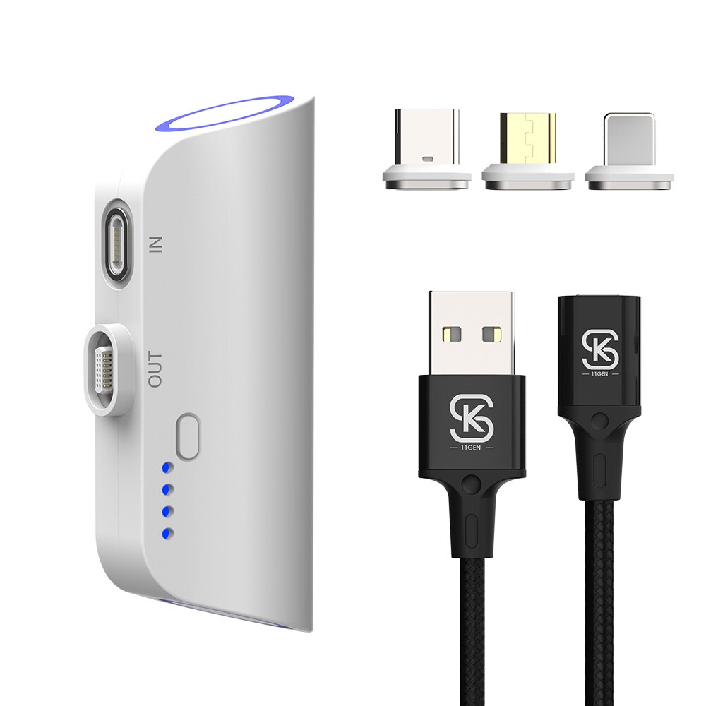 Magnetic suction Power bank external battery for phone powerbank, external accumulator quick charge usb type-C 3000mAh: White 3 plugs