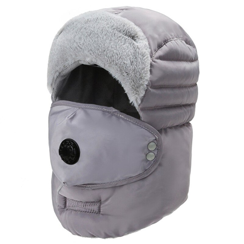 Bomber Hat Men Women Winter Hat with Mask Thick Warm Russian Hat Windproof Earflap Trapper Cap Unisex Snow Ski Fur Hat: Gray