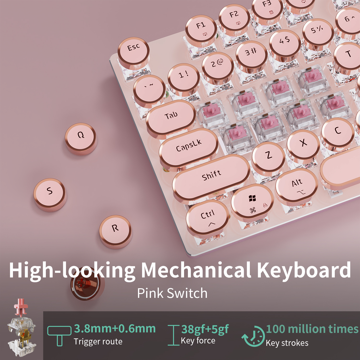 EWEADN V20 Punk Typewriter Mechanical Gaming Keyboard, 104 Keys Round Keycaps LED White Backlit, Key-wire separation
