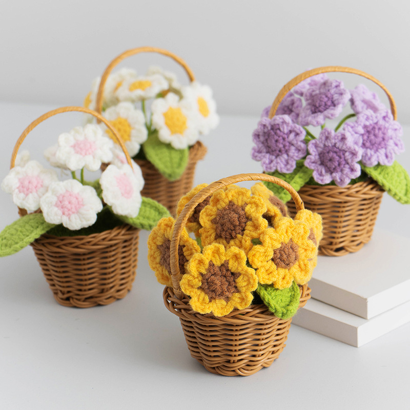 Stickade solrosor kruka konstgjorda blommor färdiga handvävda växter för kontor skrivbordsdekoration mini bröllopsprydnad