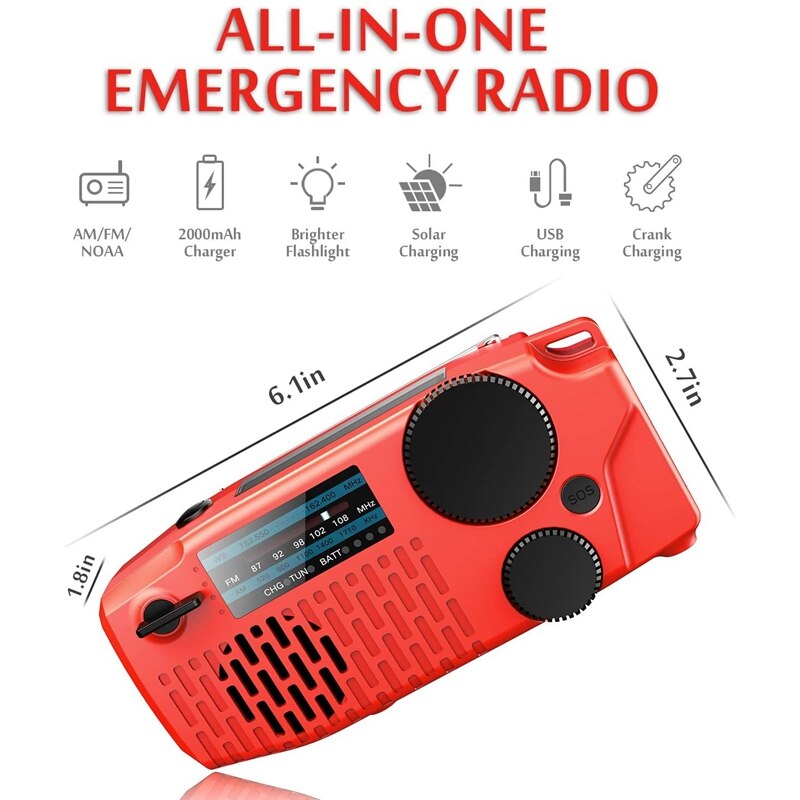 Emergency Solar Hand Crank Draagbare Noaa Weather Radio Met Am/Fm Oortelefoon Jack Led Zaklamp 2000Mah Power Bank