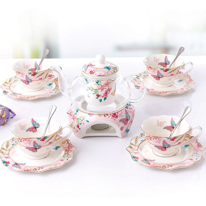 YeFine Ceramic 15 PCS Flower Tea Set British Afternoon Black Tea Set Heatable Glass Teapot Bone China Tea Cups And Saucers: B