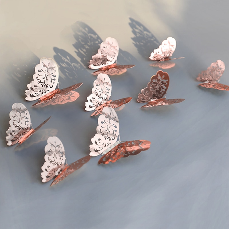 12 unids/lote de calcomanías de mariposa 3D doradas y plateadas para pared, calcomanías artísticas para el hogar, pegatinas para pared, decoraciones para exhibición de mariposas para fiestas y