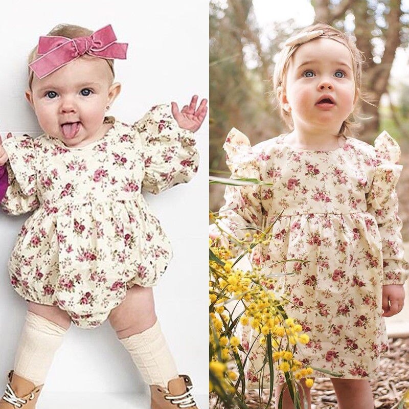 Pasgeboren Baby Baby Meisjes Jongens Leuke Mooie Bodysuits Lange Mouwen Ruches Bloemenprint Jumpsuits Bodysuits 0-18M