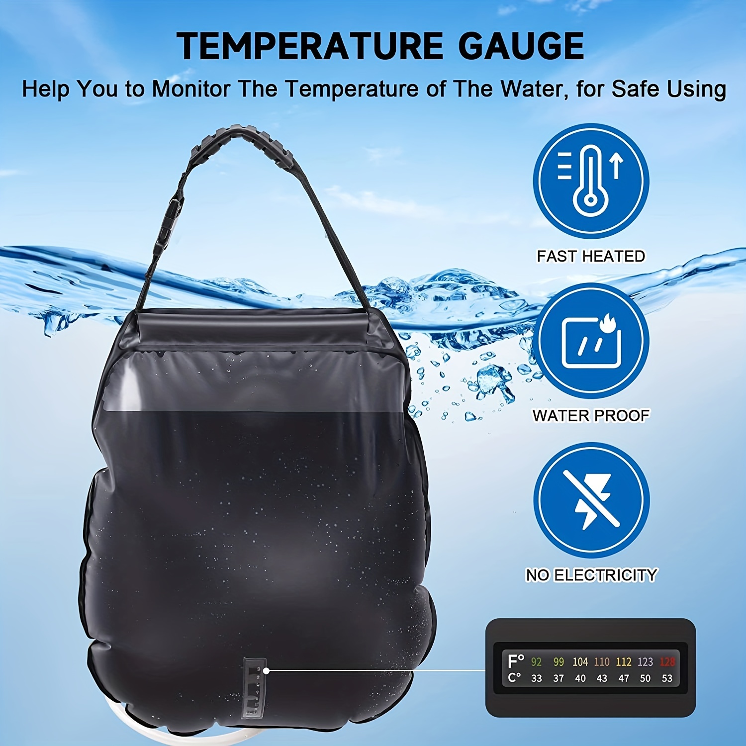 Sac de douche solaire, 5 gallons/20L, chauffage solaire, sac de douche de camping haut de gamme, eau chaude avec température 45 ° C Tuyau amovible marche/arrêt S