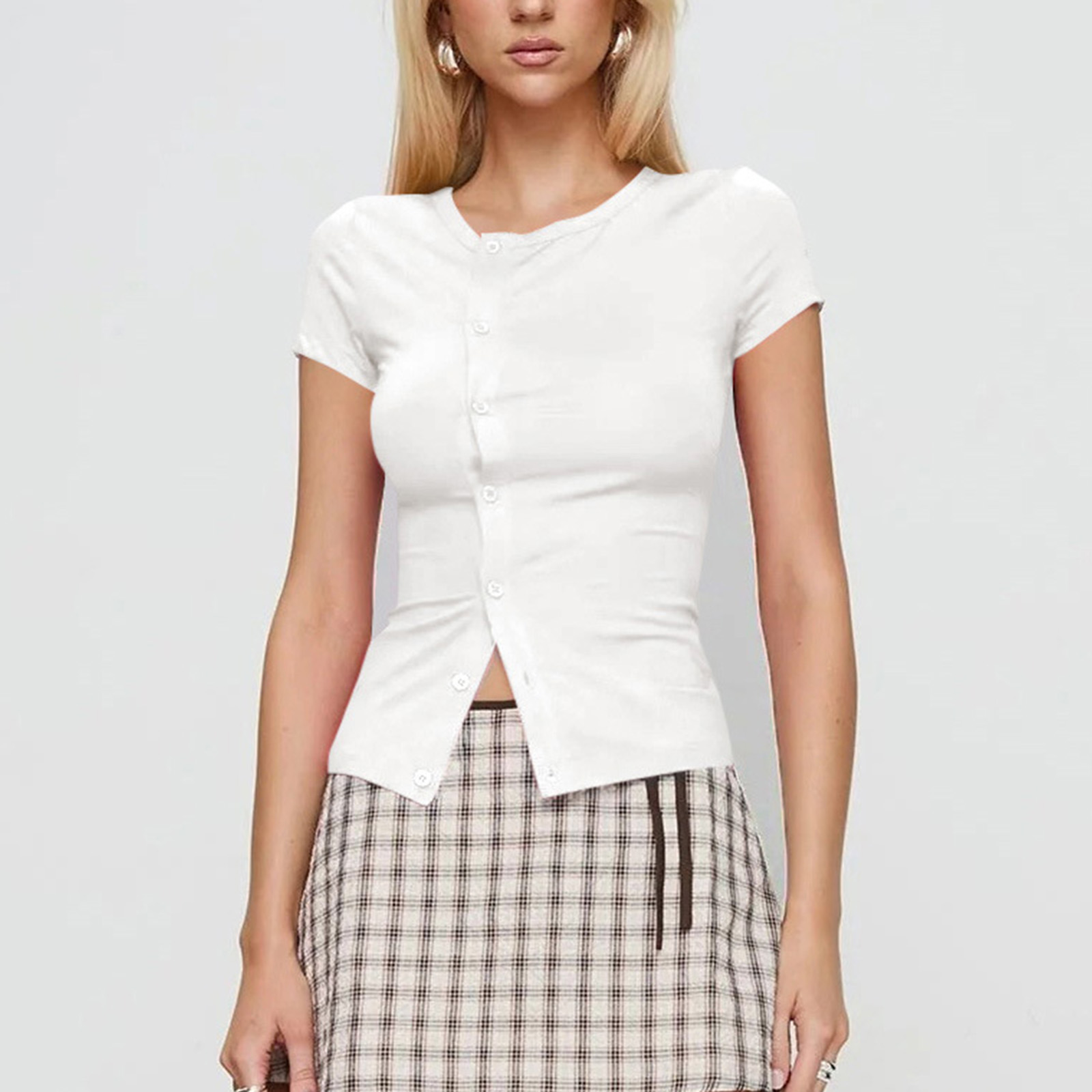 Hirigin kvinders ensfarvede t-shirt med rund hals, korte ærmer, knaplukning, slim fit, crop tops, sommertoppe til afslappet hverdag
