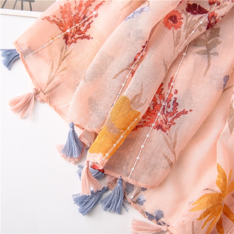 Visose halsduk kvinnor handgjorda paljetter halsdukar sjalar blomma blomma tryckt halsduk tofsar pashmina filt foulard scarfs