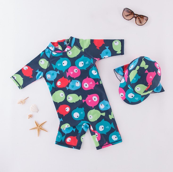 Lovely Undersea World Pattern Baby Boy Swimwear with Swimming Cap/Handsome Beach Sunscreen Surfing Swimsuit 3205: 18M