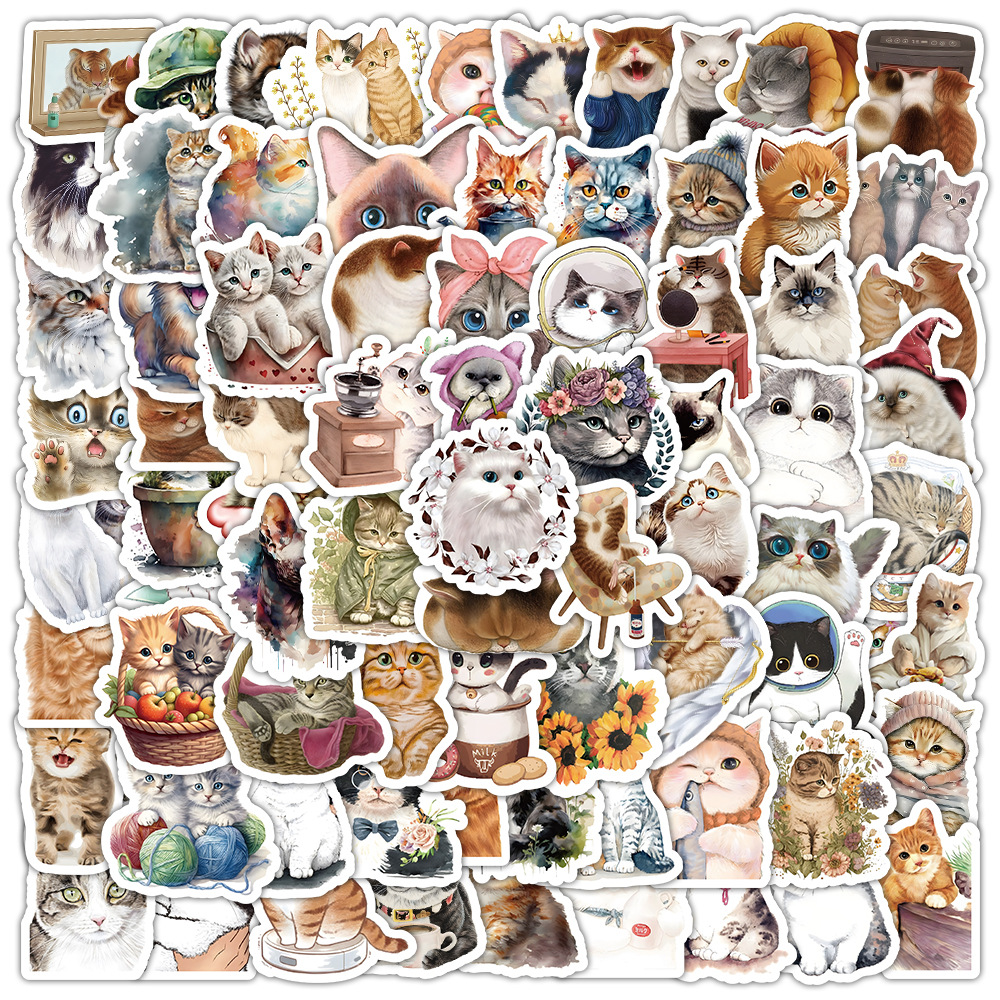 100 naklejki z akwarelowymi kotami, kreskówkowymi, uroczymi graffiti, naklejkami na notebooka, skuterem i gitarą, wodoodpornymi naklejkami
