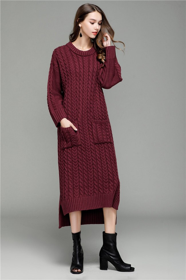 herbst Winter Frauen Lange zur Seite fahren Kleid O Nacken Patchwork verdrehte Blume Gestrickte Kleid ziehen Femme Manche Longue mit Taschen: Wein rot