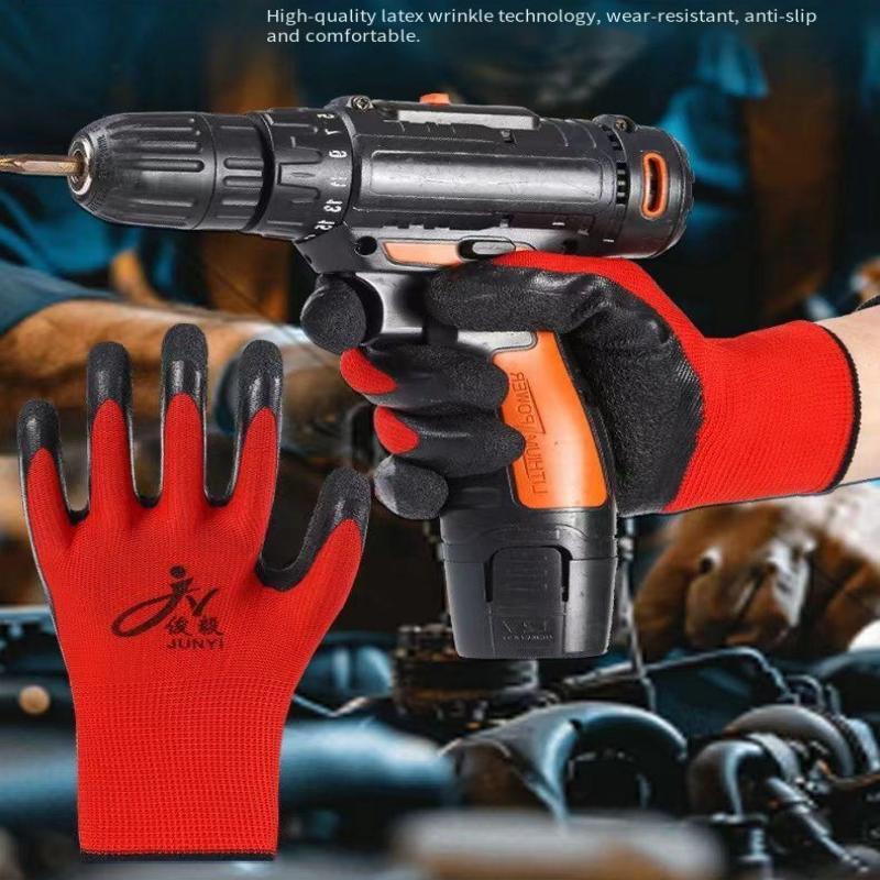 12 pares de guantes de trabajo de seguridad de látex grueso antideslizantes y resistentes al desgaste, guantes recubiertos de palma, guantes de trabajo para maquinaria de jardinería