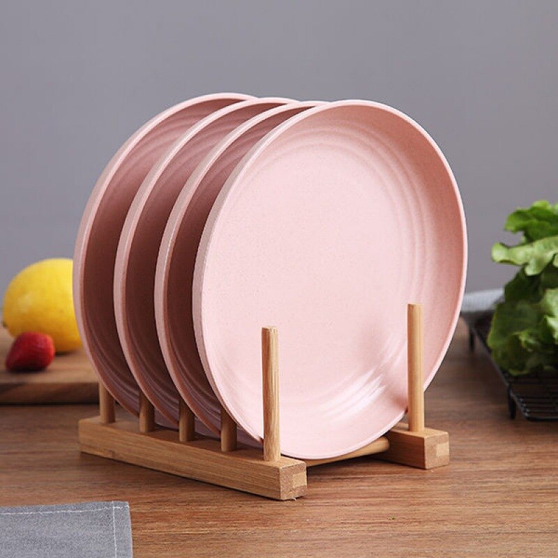 4 Pcs Wheat Straw Cutlery Plate Household Dish Plate Set Fruit Plate Dish Cooking Plate 9 Inches: Pink