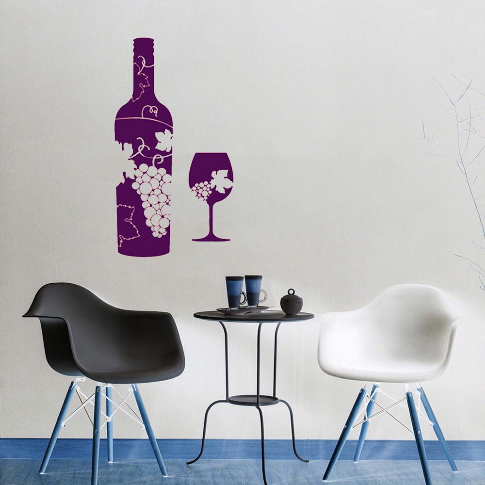 Klassisk vægoverføringsbillede vinflaske glas druer bar alkohol vinyl vægklistermærker køkken mønster dekoration kop mærkater  w11: Farve 2