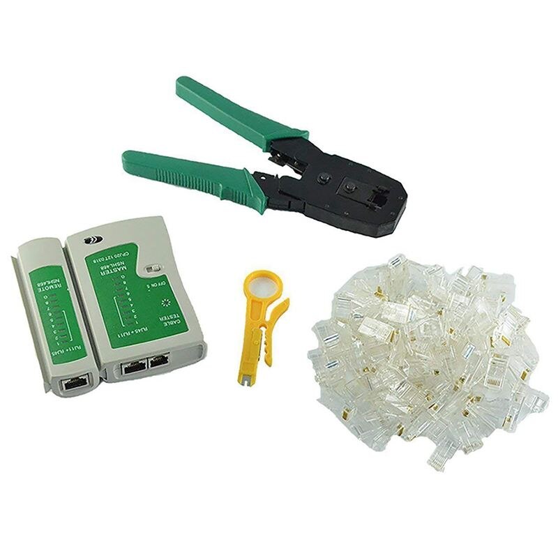 Netwerk ethernet lan kit 4 in 1 kabeltester + krimptang krimptang + draadstripper  +100x rj45 cat 5 cat 5e connector stekker netwerk