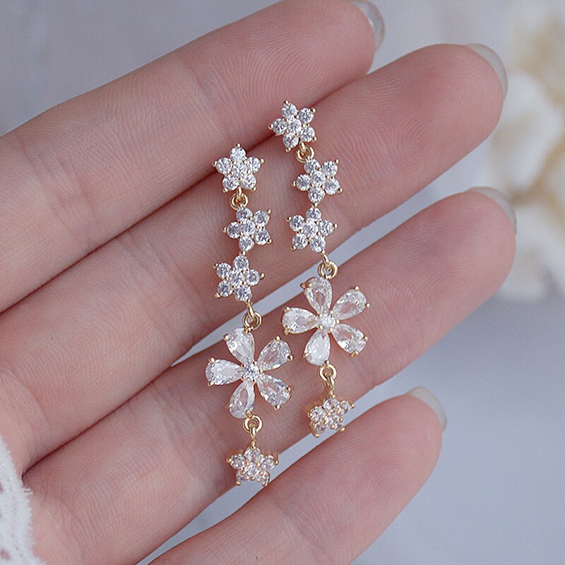 Romantic Sweet Long Fower Women Earrings Bling AAA Zironia Stud Earring Wedding Jewelry Pendant Birthday Accessories: Default Title