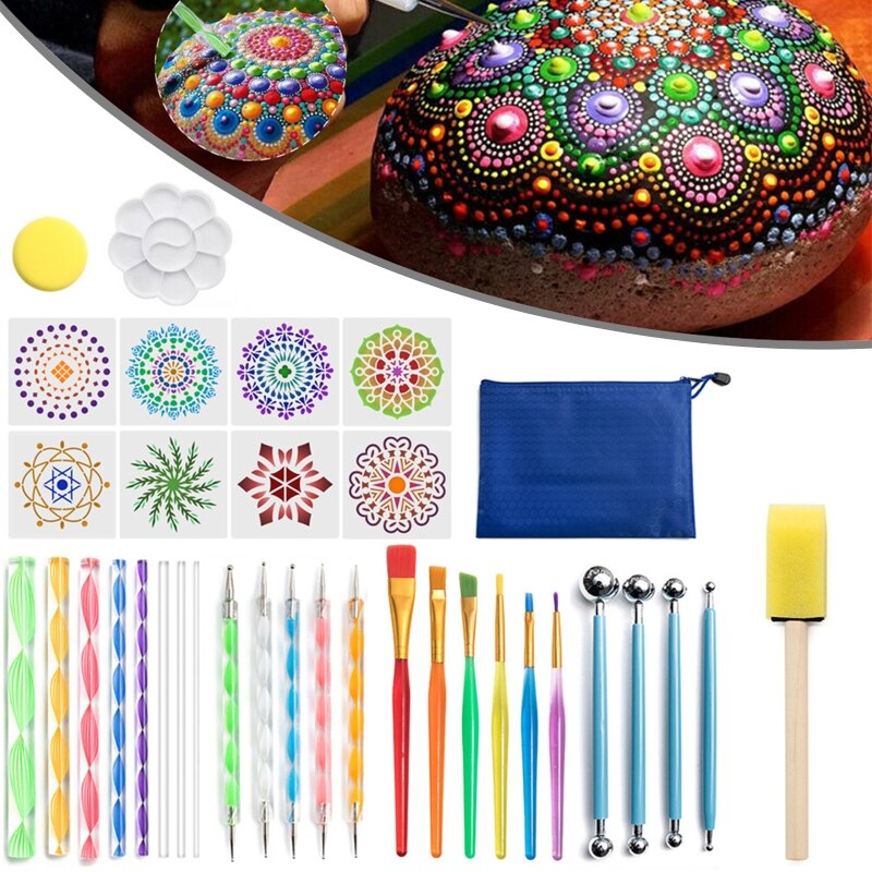 35pcs Mandala Dotting Pen Tools Set for Painting Rock Stone Acrylic Stick Template Stencil Sponge Tray