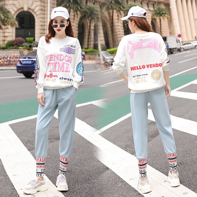 Street clothing women autumn sports suit net red loose casual sweater two-piece