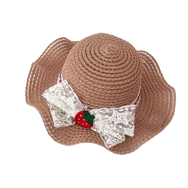 Kids Girls Boater Straw Hat Outdoor Wide Brim Seaside Summer Beach Flat Top Sun Caps Strawberry Bowknot Panama Straw Cap: Khaki