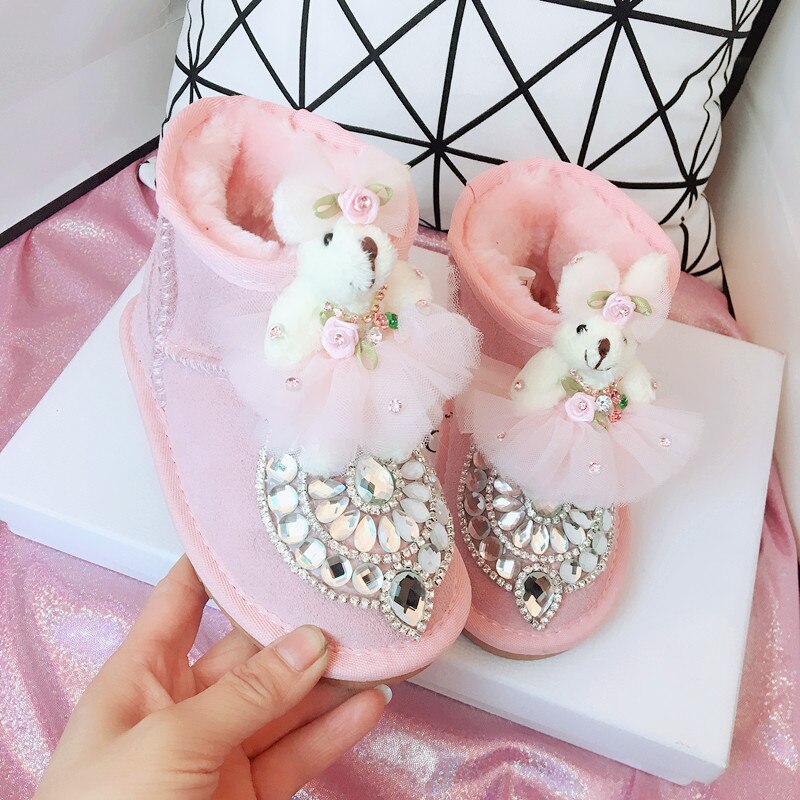 Bottines de neige pour enfants, chaussures chaudes pour bébés filles, chaussures souples avec strass, en cuir véritable,