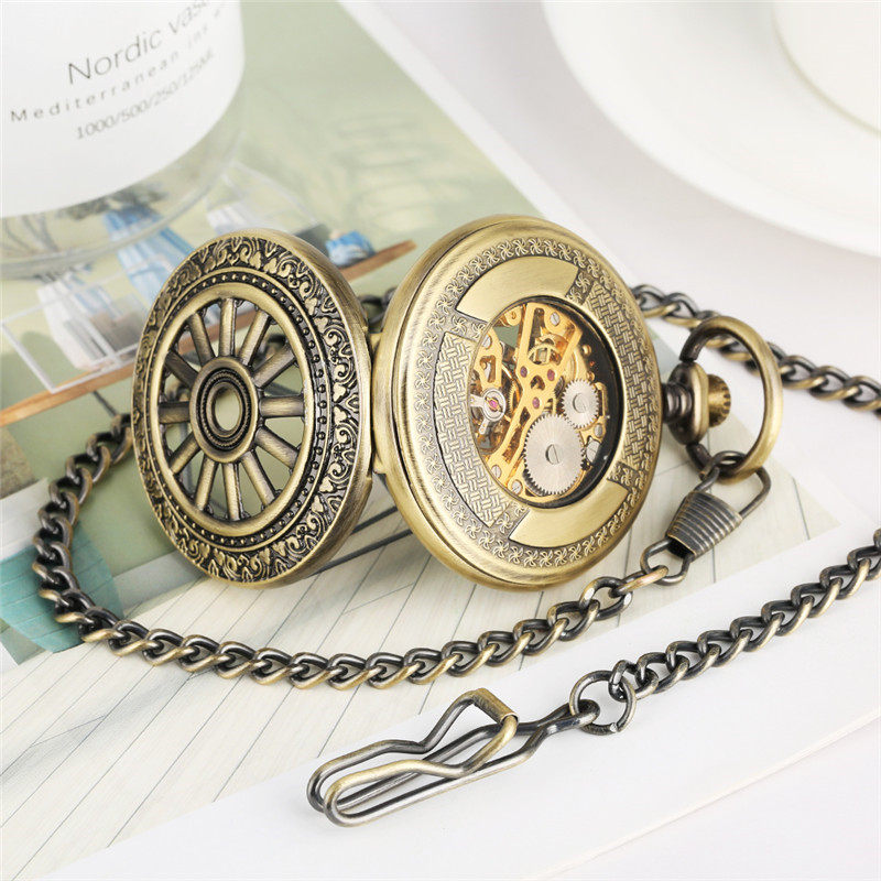 Antike leuchtende Zifferblatt mechanische Taschenuhr Bronze Hohlrad Unisex Handaufzug Uhr Steampunk Anhänger Kette Reloj