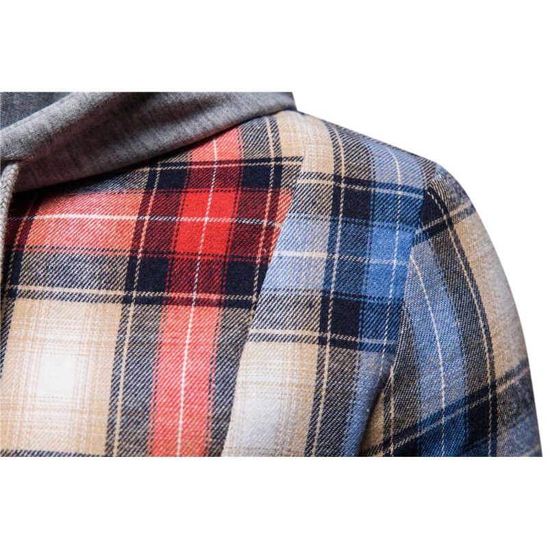 2021New Spring Autumn Hooded shirts men plaid shirt Hip hop High street Patchwork Long sleeve men shirt