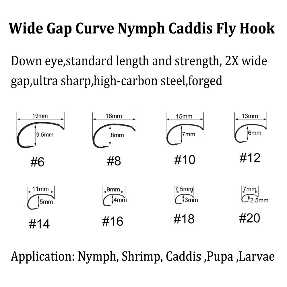50pcs High Carbon Steel Fly Tying Hooks Wide Gap Curve Nymph Shrimp Caddis Fly Hook Barbed Black Nickle #6 #8 #10 #12 #14 #16
