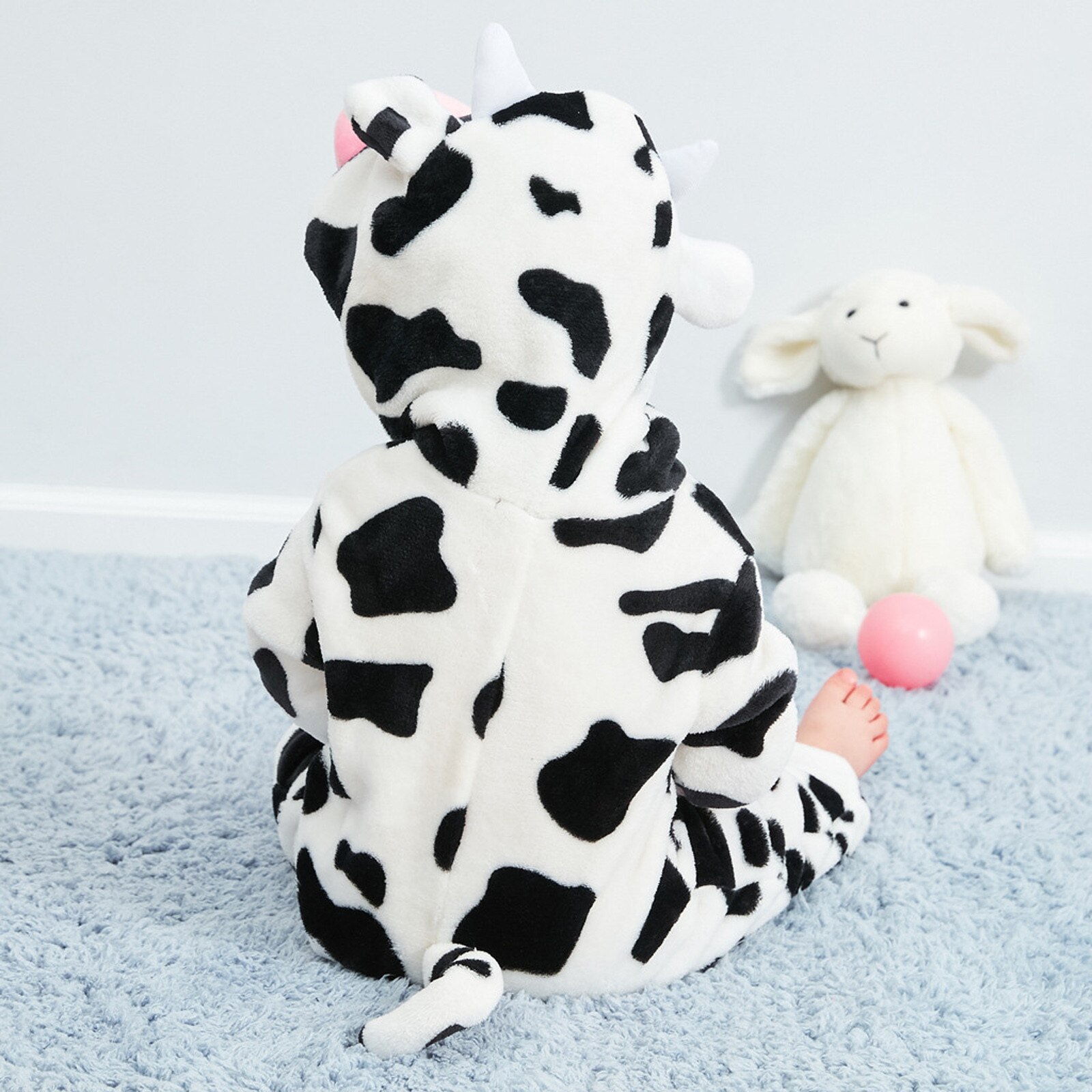 Baby Jongen Meisje Kleding Set Baby Baby Flanel Cartoon Vlekken Koe Print Hooded Romper Jumpsuit Sets