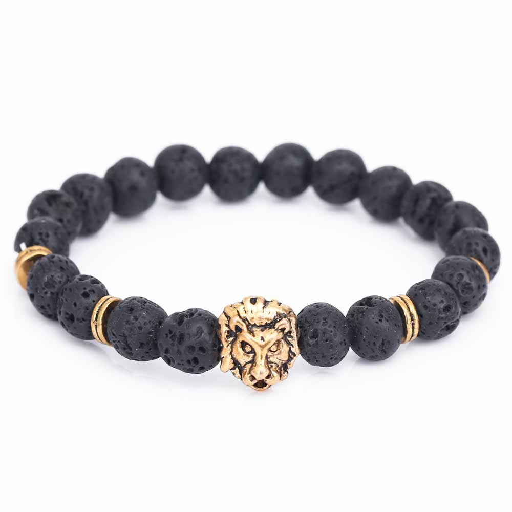 Bracelet en pierre de lave noire pour homme, perles de bouddha, tête de Lion, accessoires,: A 3