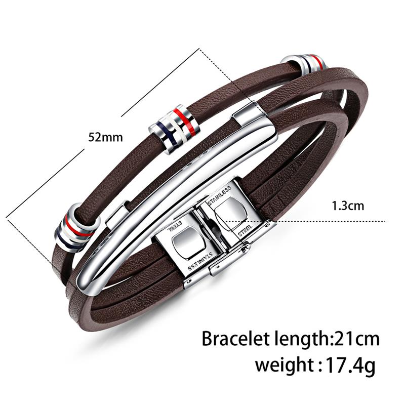 Jiayiqi Brown Leather Bracelet for Men Jewelry Stainless Steel Silver Color Beads Bangles Vintage Male Accessories