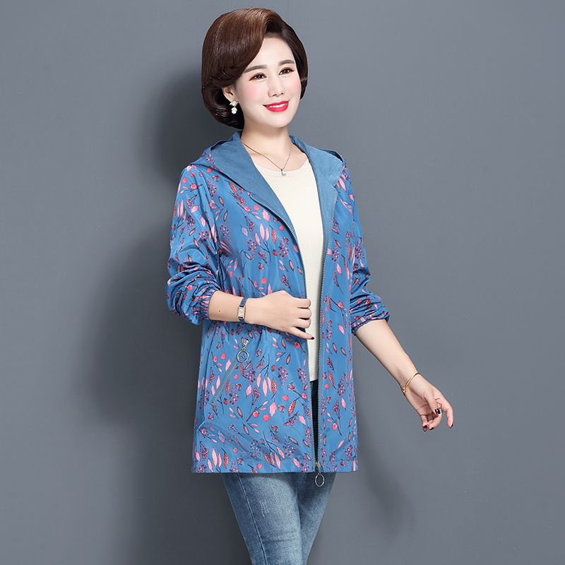 Women Trench Coat Spring Autumn Print Thin Female Both Sides Wear Overcoat Middle Aged Mother Hooded Windbreaker W1873