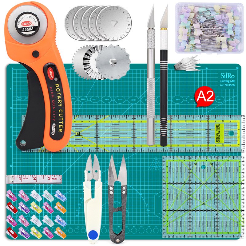 Rotary Cutters Set with Cutting Mat Patchwork Ruler Carving Knife Kit for Fabric Paper Leather Crop Sewing Scissors and Quilting
