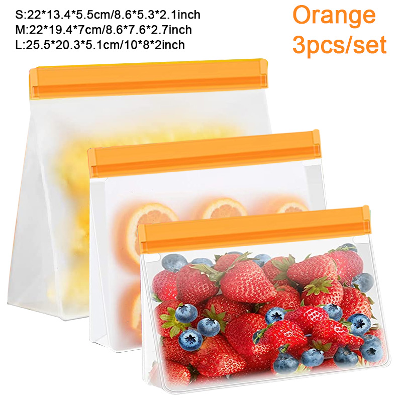 3 Sizes Reusable Stand Up Food Storage Bag Set Leakproof Freezer Food Sealing Bag Kitchen Organizer Fresh Shut Bags BPA Free: 3Pcs-Orange