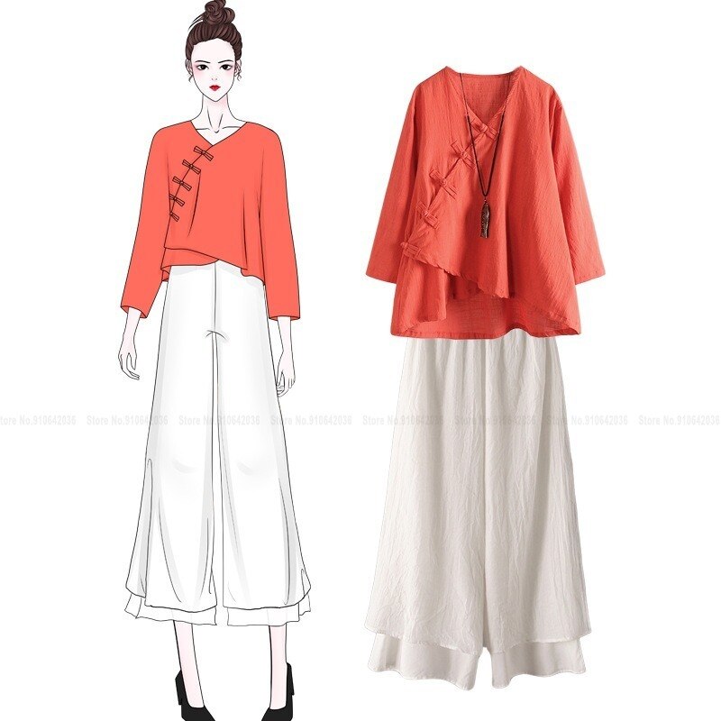 Women Chinese Traditional Retro Style Qipao Tops Pants Wide Leg Trousers Zen Tea Vintage Cheongsam T-shirt Tang Suit Hanfu Set