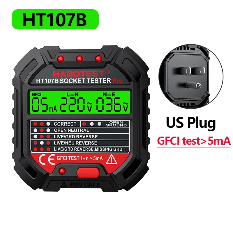 Ht106/ht107 digitale steckdosenprüfgeräte, spannungsprüfer, steckdosentester für us/uk/eu-stecker, erdungs-, nullpunkt-, leitungs- und phasenprüfung, rcd-ncv-tester: Rot