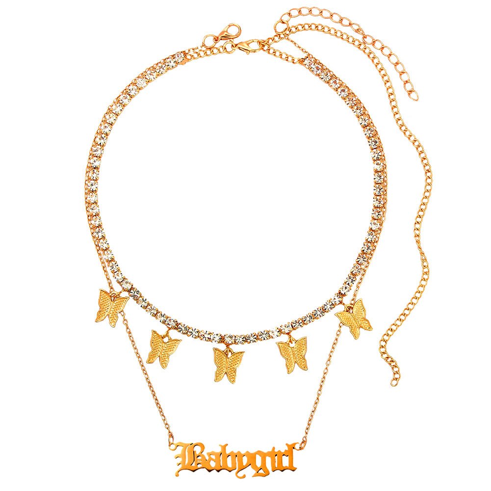 Trendy flerlags babygirl bogstaver sommerfugl vedhæng tennis halskæde til kvinder guld sølv farve rhinestone choker smykker: 045401gd