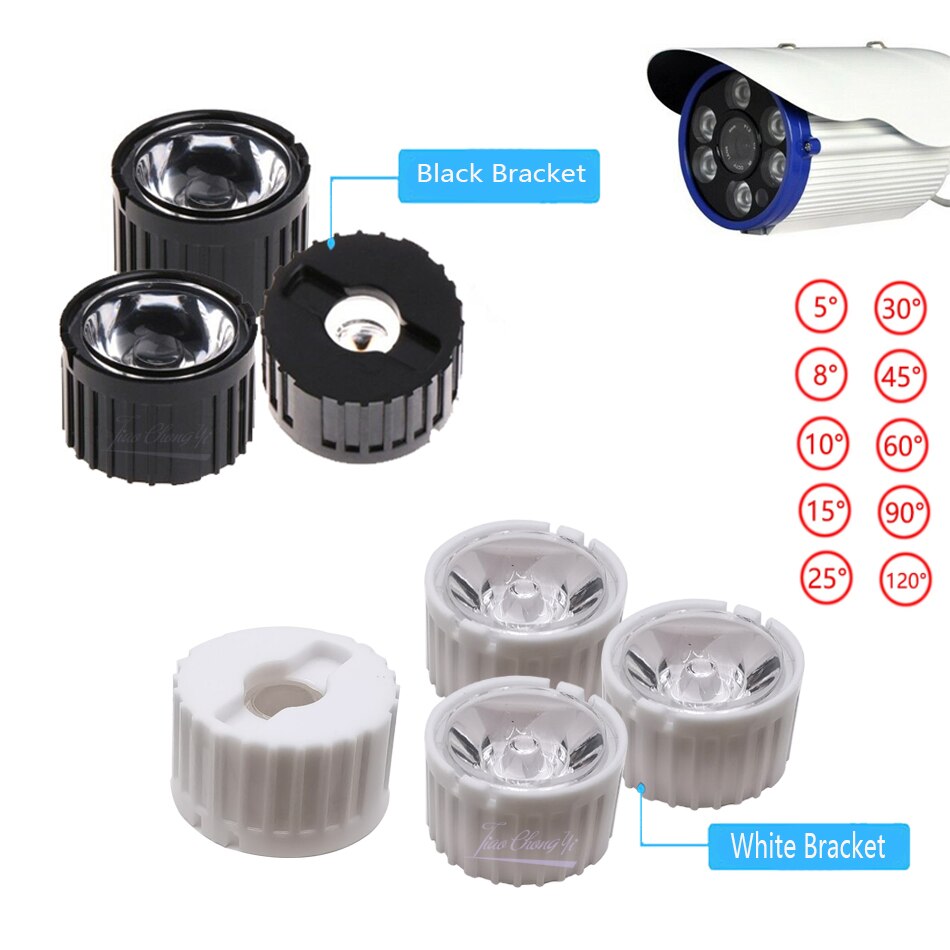 Juego de 10 lentes LED de alta potencia 1W 3W 5W lentes PMMA de 20MM con soporte 5 8 15 25 30 45 60 90 120 grados para cuentas de luz de 1, 3 y 5 vatios