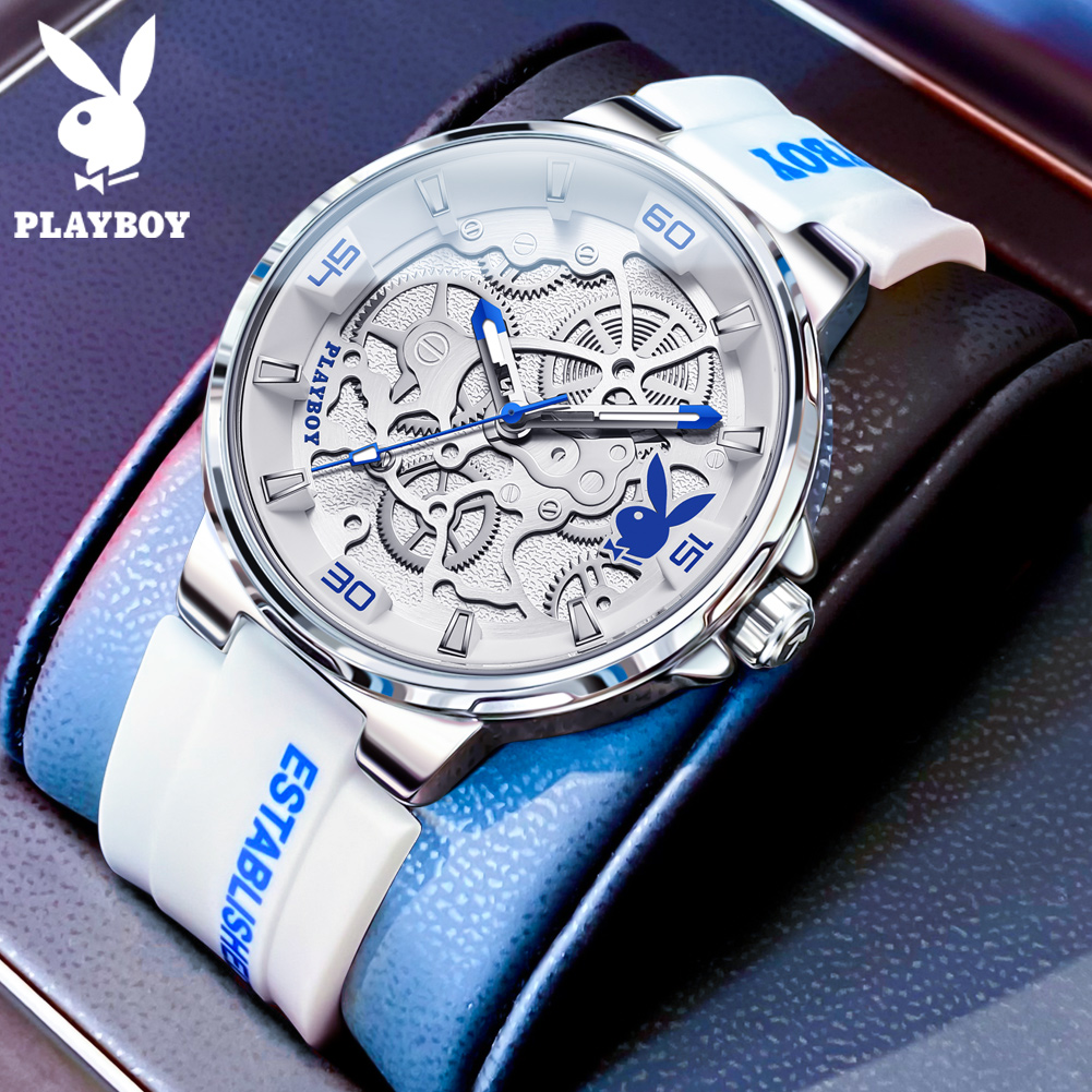 PLAYBOY, relojes clásicos originales de para hombre, relojes luminosos de lujo con correa de silicona resistente al agua para hombre: Café