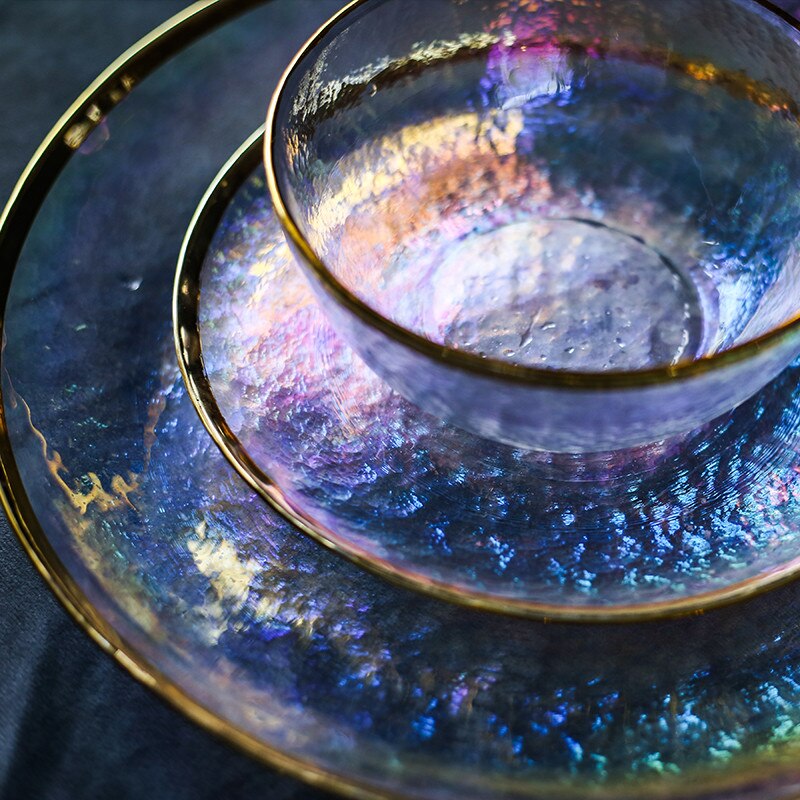 Colorful Painted Gold Glass Bowl Dish Seven Color Transparent Hammer Grain Glass Dessert Steak Plate Salad Fruit Bowl Dinnerware