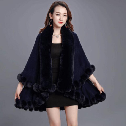 Cárdigan con cuello de piel de conejo sintética para mujer, de 2 capas capa larga, Poncho cálido y suelto, abrigo de invierno, 10 colores: Azul marino