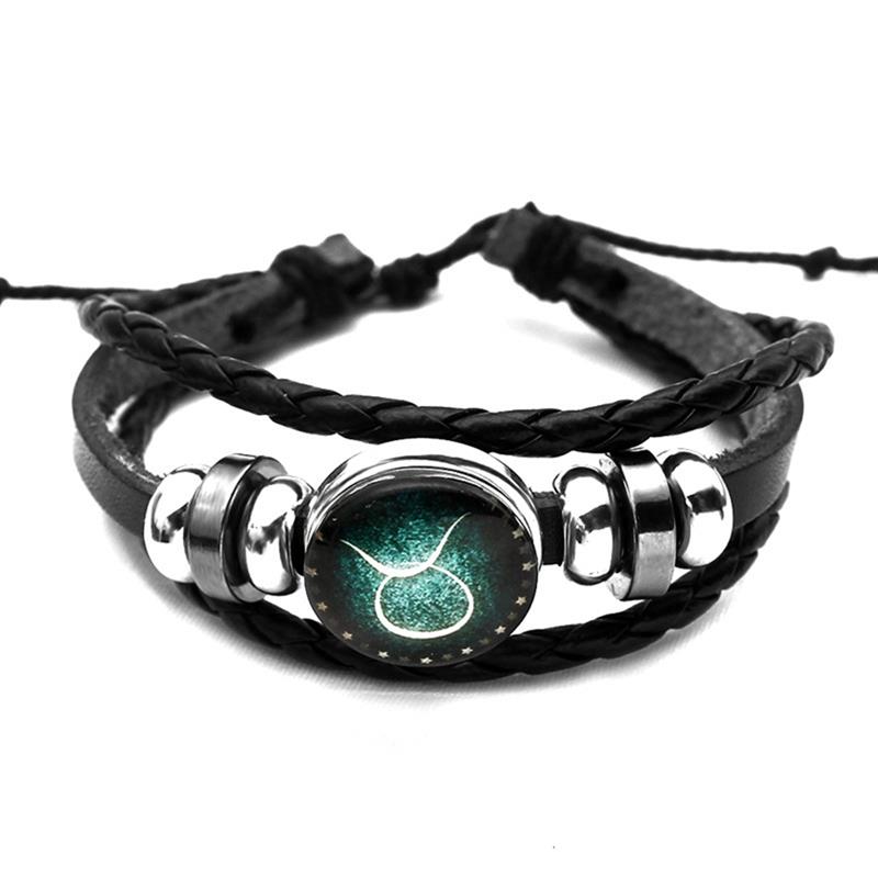 Luminosas 12 Constelaciones pulsera de cuero signo del zodiaco con abalorios pulseras trenzadas Punk para Niños Accesorios de la joyería de los hombres