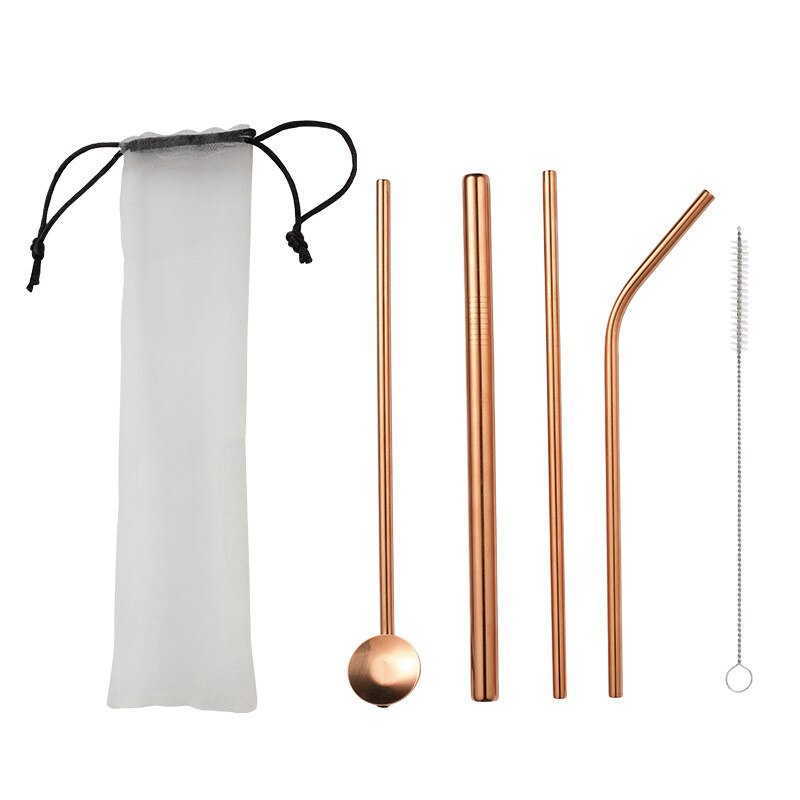 5pcs Reusable Metal Drinking Straws 304 Stainless Steel Sturdy Bent Straight Drinks Straw for Milkshake Bubble Tea with Brush: Rose gold