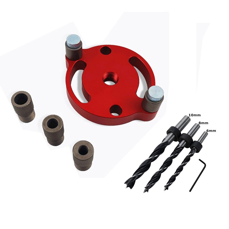 6/8/10mm loddrett lommehull jigg tre dowelling selv sentrerende bor guide kit hull puncher locator jig for trebearbeiding verktøy: Rød med borekrone