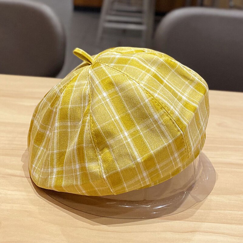 Foux baret plaid kvinder sommer sød nyhedsdreng hat maler koreansk stil fransk hårspænde damer kvindelig justerbar reb: Gul