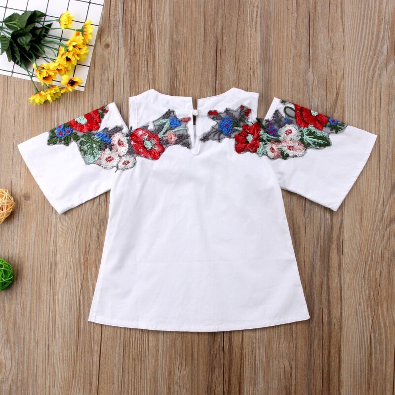 Toddler Infant Baby Girls Lace Backless Shirt Clothes Baby Girl Flower O-Neck Shirt White