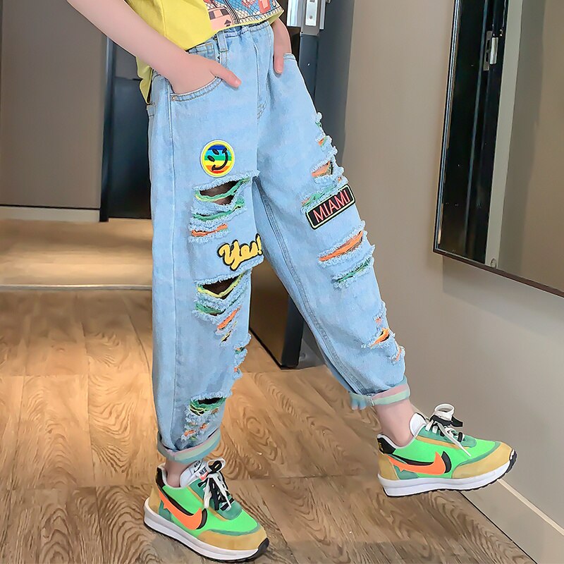 Couleur d'été déchiré pantalon 3-13 ans vêtements pour enfants pour fille taille élastique régulière décontracté filles jean lettre pantalon