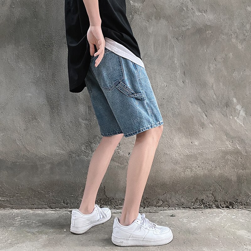 Pantalones cortos vaqueros de pierna ancha de estilo coreano para hombre, Vaqueros cortos holgados, rectos e informales, ropa de Retro, novedad de verano 2022