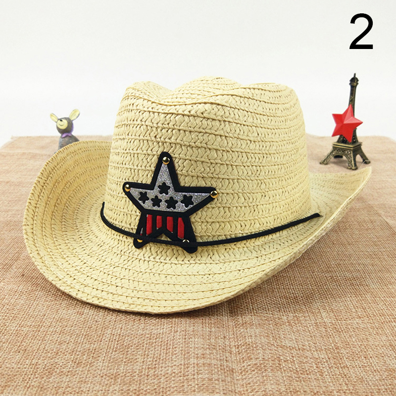 Children's Outdoor Cowboy Hat Summer Straw Hat Boys And Girls Five-pointed Star Patch Sun Hat Cute Children's Beach Visor Hat: 2
