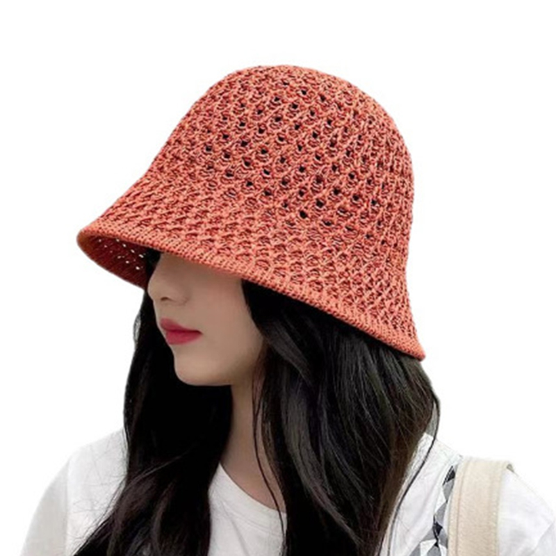 Bucket Hat Spring Summer Hollow Knitted Hat Solid Color Sunhat Fisherman Caps Casual Foldable Beach Cap: GRAY
